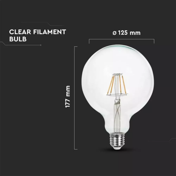 Λάμπα LED E27 G125 Filament 6W Ψυχρό λευκό 6400K Διάφανο V-TAC – 7427