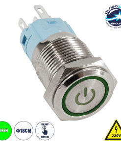 GloboStar® 70772 LED Φωτιζόμενος Διακόπτης Χωνευτός – Μπουτόν On/Off Ανοξείδωτος AC 220-240V Αδιάβροχο IP67 Φ18mm με Angel Eye Πράσινο