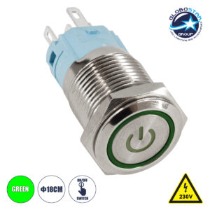 GloboStar® 70772 LED Φωτιζόμενος Διακόπτης Χωνευτός – Μπουτόν On/Off Ανοξείδωτος AC 220-240V Αδιάβροχο IP67 Φ18mm με Angel Eye Πράσινο
