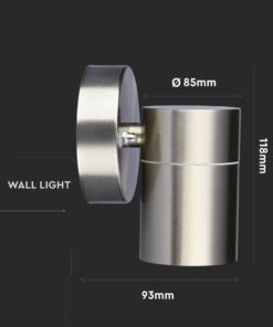 Ανοξείδωτο φωτιστικό τοίχου, κυλινδρικό σχήμα, διάμετρος 85mm, ύψος 118mm, ιδανικό για εξωτερική χρήση.