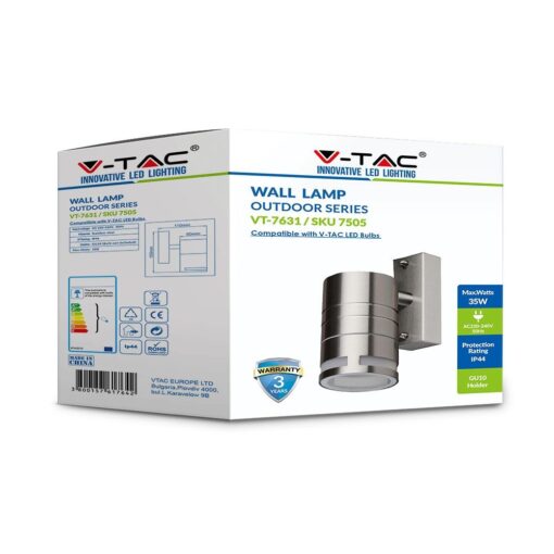 Εξωτερικό φωτιστικό τοίχου V-TAC 35W, IP44, για LED GU10, ασημί, εγγύηση 3 χρόνια.