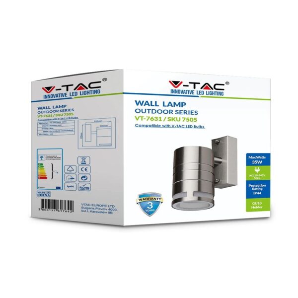 Εξωτερικό φωτιστικό τοίχου V-TAC 35W, IP44, για LED GU10, ασημί, εγγύηση 3 χρόνια.