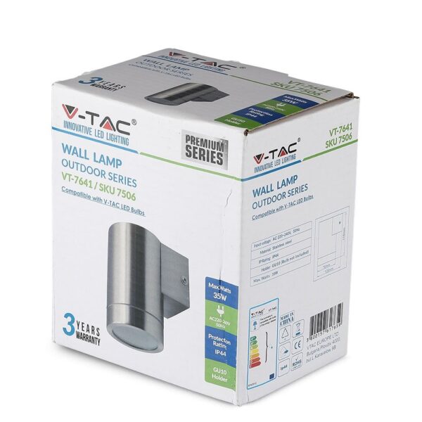 Εξωτερικό επιτοίχιο φωτιστικό LED V-TAC, ανοξείδωτο, IP44, γκρι, συμβατό με λαμπτήρες GU10, 35W.