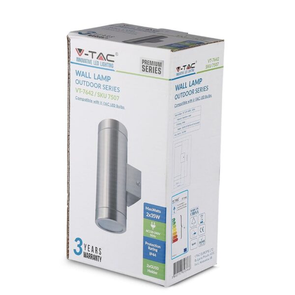 Εξωτερικό φωτιστικό τοίχου V-TAC, ασημί, 2x35W, ανθεκτικό IP44, συμβατό με λαμπτήρες LED, 3 χρόνια εγγύηση.