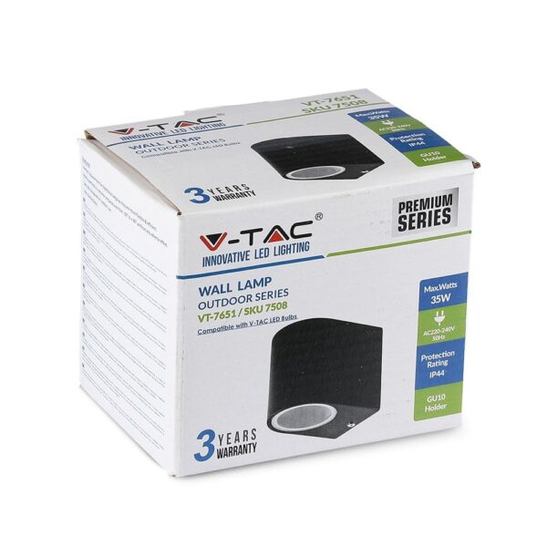 Εξωτερικό φωτιστικό τοίχου V-TAC, 35W, μαύρο, αδιάβροχο IP44, βάσης GU10, συμβατό με λαμπτήρες LED.