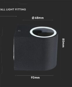 Μαύρο φωτιστικό τοίχου κυκλικού σχήματος, διάμετρος 68mm, ύψος 80mm, μήκος 92mm, ιδανικό για εσωτερικούς χώρους.