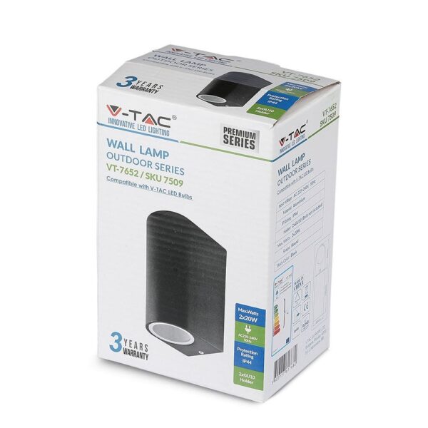 Εξωτερικό φωτιστικό τοίχου V-TAC, μαύρο, 2x20W, αδιάβροχο IP44, 3 χρόνια εγγύηση. Συμβατό με λαμπτήρες LED.