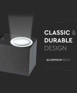 Κύβος φωτιστικό τοίχου, κλασικό ανθεκτικό σχέδιο, αλουμινένιο σώμα, μοντέρνα αισθητική για εσωτερικό χώρο.