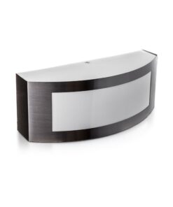 Απλίκα τοίχου εξωτερικού χώρου, καμπυλωτό σχήμα, μέταλλο και λευκό γυαλί, μοντέρνος σχεδιασμός.