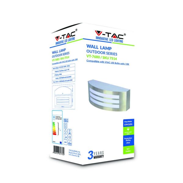 Εξωτερικό φωτιστικό τοίχου V-TAC ανοξείδωτο, LED, βάσης E27, ισχύς 15W, αντοχή IP44.