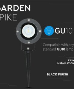 Μαύρο φωτιστικό κήπου με στήριξη, για λάμπες GU10, εύκολη εγκατάσταση και ανθεκτικό σχέδιο.