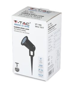 Λάμπα κήπου V-TAC, 35W, IP44, στήριγμα GU10, μαύρο χρώμα, για εξωτερική χρήση, αδιάβροχη κατασκευή.