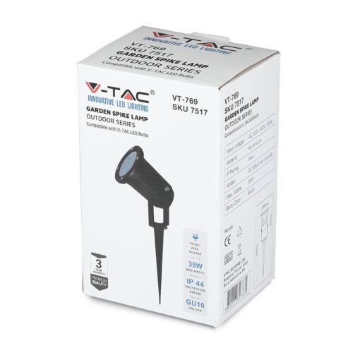 Λάμπα κήπου V-TAC, 35W, IP44, στήριγμα GU10, μαύρο χρώμα, για εξωτερική χρήση, αδιάβροχη κατασκευή.
