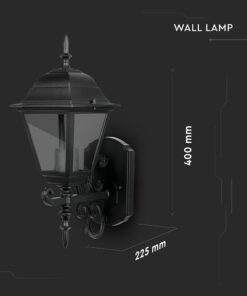 Μαύρο φωτιστικό τοίχου εξωτερικού χώρου, μεταλλικό, διαστάσεις 400x225mm, κλασικό σχέδιο με γυάλινο κάλυμμα.