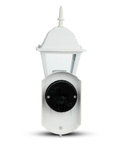 Λευκό φωτιστικό εξωτερικού χώρου, κλασικό σχέδιο, κατάλληλο για κήπο ή βεράντα, αντοχή στις καιρικές συνθήκες.