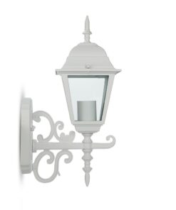Λευκός μεταλλικός επιτοίχιος φανοστάτης για εξωτερικούς χώρους με κλασικό σχέδιο και γυάλινο κάλυμμα.