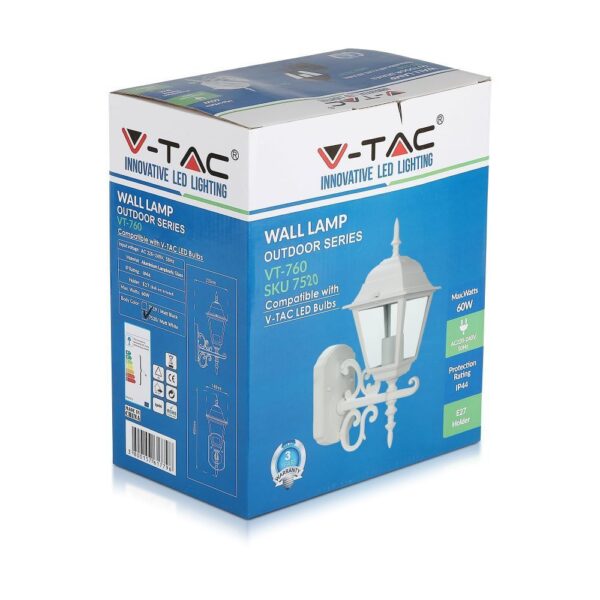 Εξωτερικό φωτιστικό τοίχου LED V-TAC, 60W, E27, λευκό, αντοχή IP44, ιδανικό για κήπους.