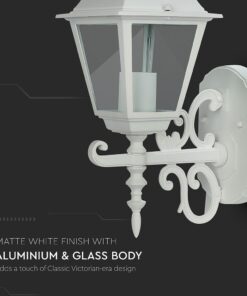 Λευκό εξωτερικό φωτιστικό τοίχου, αλουμίνιο και γυαλί, βικτωριανό σχέδιο, ματ φινίρισμα.