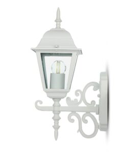 Λευκό εξωτερικό φωτιστικό τοίχου με κλασικό σχέδιο και διαφανές κάλυμμα. Ιδανικό για ενίσχυση φωτισμού στον κήπο.