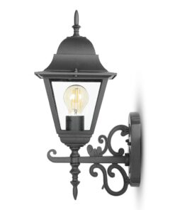 Εξωτερικό φωτιστικό τοίχου σε κλασικό μαύρο σχέδιο με γυάλινο καπέλο, ιδανικό για αυλές και κήπους.