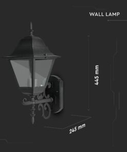 Εξωτερικό φωτιστικό τοίχου vintage, μαύρο, διαστάσεις 445x245 χιλιοστά, ιδανικό για κήπο ή βεράντα.