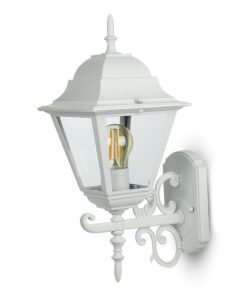 Λευκός επιτοίχιος φανός εξωτερικού χώρου, κλασικού σχεδιασμού, με διαφανές γυάλινο περίβλημα.