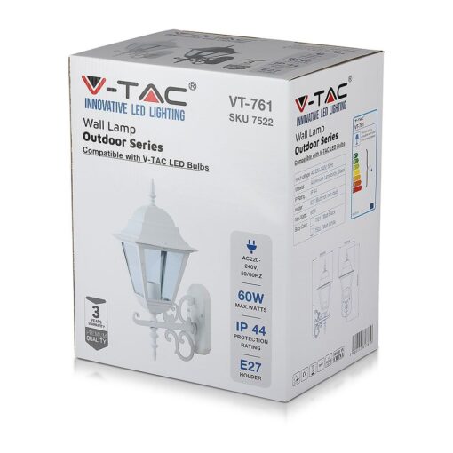 Εξωτερικό φωτιστικό τοίχου V-TAC LED VT-761, λευκό, 60W, IP44, E27 για κήπους και εισόδους.