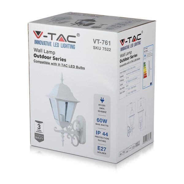 Εξωτερικό φωτιστικό τοίχου V-TAC LED VT-761, λευκό, 60W, IP44, E27 για κήπους και εισόδους.