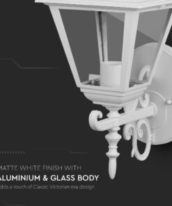 Εξωτερικό φωτιστικό τοίχου, λευκό ματ, αλουμίνιο και γυαλί, κλασικό βικτοριανό σχέδιο.