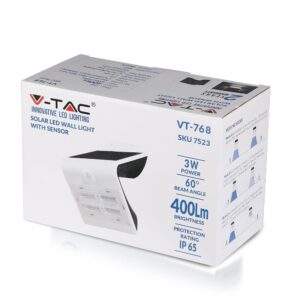 Ηλιακός LED φωτισμός τοίχου V-TAC με αισθητήρα, 3W, 60° γωνία, 400Lm, IP65 προστασία.