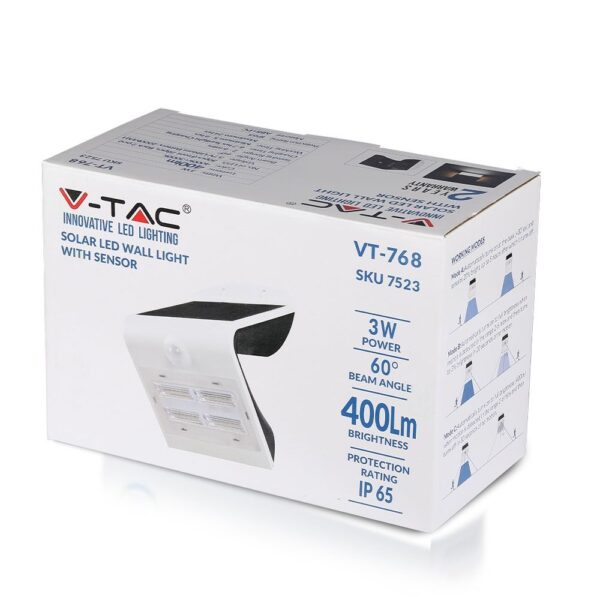 Ηλιακός LED φωτισμός τοίχου V-TAC με αισθητήρα, 3W, 60° γωνία, 400Lm, IP65 προστασία.