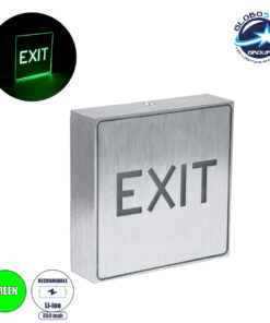 GloboStar® SENSATI 75651 Φωτιστικό Τοίχου Ένδειξης EXIT LED 1W AC 220-240V με Επαναφορτιζόμενη Μπαταρία 350mAh IP20 – Σώμα Αλουμινίου – Μ11 x Π11 x Υ3cm – Πράσινο