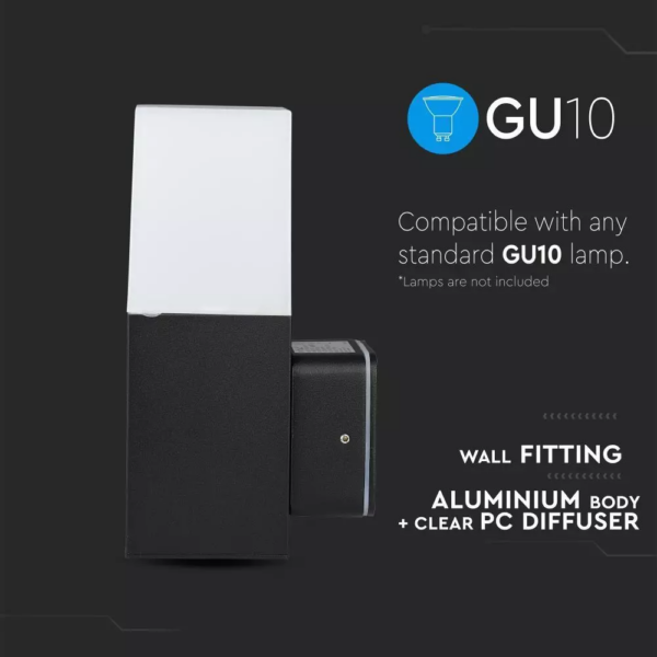 Επιτοίχιο φωτιστικό κήπου GU10 IP54 Aluminum + PC με Μαύρο σώμα τετράγωνο V-TAC – 7563