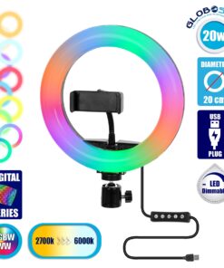 GloboStar® 75800 Professional Digital Ring Light Φ20cm LED SMD 20W 2000lm 180° DC 5V με Καλώδιο Τροφοδοσίας USB – Ενσωματωμένο Χειριστήριο Εναλλαγής Χρωμάτων & 1 Βάση Τηλεφώνου – Πολύχρωμο RGBW+WW Dimmable