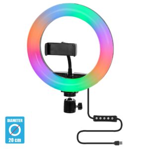 GloboStar® 75800 Professional Digital Ring Light Φ20cm LED SMD 20W 2000lm 180° DC 5V με Καλώδιο Τροφοδοσίας USB – Ενσωματωμένο Χειριστήριο Εναλλαγής Χρωμάτων & 1 Βάση Τηλεφώνου – Πολύχρωμο RGBW+WW Dimmable