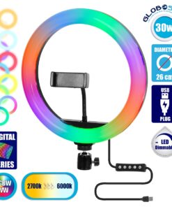 GloboStar® 75801 Professional Digital Ring Light Φ26cm LED SMD 30W 3000lm 180° DC 5V με Καλώδιο Τροφοδοσίας USB – Ενσωματωμένο Χειριστήριο Εναλλαγής Χρωμάτων & 1 Βάση Τηλεφώνου – Πολύχρωμο RGBW+WW Dimmable