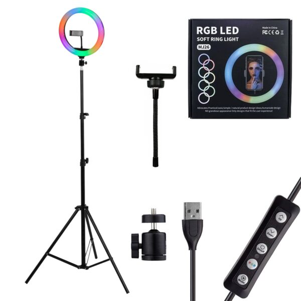 GloboStar® 75801 Professional Digital Ring Light Φ26cm LED SMD 30W 3000lm 180° DC 5V με Καλώδιο Τροφοδοσίας USB – Ενσωματωμένο Χειριστήριο Εναλλαγής Χρωμάτων & 1 Βάση Τηλεφώνου – Πολύχρωμο RGBW+WW Dimmable