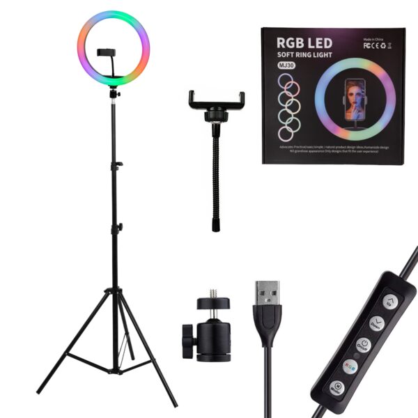 GloboStar® 75802 Professional Digital Ring Light Φ30cm LED SMD 40W 4000lm 180° DC 5V με Καλώδιο Τροφοδοσίας USB – Ενσωματωμένο Χειριστήριο Εναλλαγής Χρωμάτων & 1 Βάση Τηλεφώνου – Πολύχρωμο RGBW+WW Dimmable