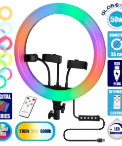 GloboStar® 75803 Professional Digital Ring Light Φ36cm LED SMD 50W 5000lm 180° DC 5V με Καλώδιο Τροφοδοσίας USB – Ενσωματωμένο και Ασύρματο Χειριστήριο RF 2.4Ghz Εναλλαγής Χρωμάτων & 3 Βάσεις Τηλεφώνου – Πολύχρωμο RGBW+WW Dimmable