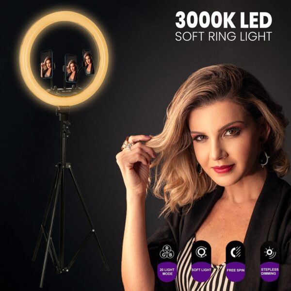 GloboStar® 75803 Professional Digital Ring Light Φ36cm LED SMD 50W 5000lm 180° DC 5V με Καλώδιο Τροφοδοσίας USB – Ενσωματωμένο και Ασύρματο Χειριστήριο RF 2.4Ghz Εναλλαγής Χρωμάτων & 3 Βάσεις Τηλεφώνου – Πολύχρωμο RGBW+WW Dimmable
