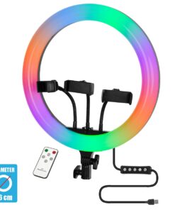 GloboStar® 75803 Professional Digital Ring Light Φ36cm LED SMD 50W 5000lm 180° DC 5V με Καλώδιο Τροφοδοσίας USB – Ενσωματωμένο και Ασύρματο Χειριστήριο RF 2.4Ghz Εναλλαγής Χρωμάτων & 3 Βάσεις Τηλεφώνου – Πολύχρωμο RGBW+WW Dimmable