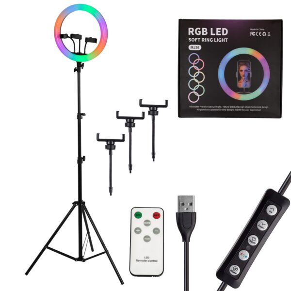 GloboStar® 75803 Professional Digital Ring Light Φ36cm LED SMD 50W 5000lm 180° DC 5V με Καλώδιο Τροφοδοσίας USB – Ενσωματωμένο και Ασύρματο Χειριστήριο RF 2.4Ghz Εναλλαγής Χρωμάτων & 3 Βάσεις Τηλεφώνου – Πολύχρωμο RGBW+WW Dimmable