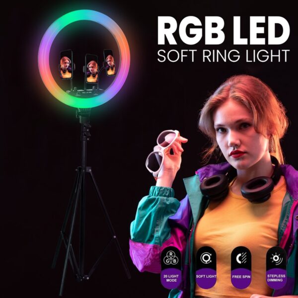 GloboStar® 75803 Professional Digital Ring Light Φ36cm LED SMD 50W 5000lm 180° DC 5V με Καλώδιο Τροφοδοσίας USB – Ενσωματωμένο και Ασύρματο Χειριστήριο RF 2.4Ghz Εναλλαγής Χρωμάτων & 3 Βάσεις Τηλεφώνου – Πολύχρωμο RGBW+WW Dimmable