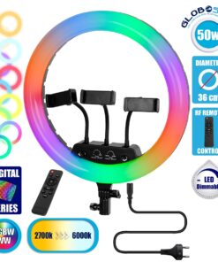 GloboStar® 75804 Professional Digital Ring Light Φ36cm LED SMD 50W 5000lm 180° AC 230V με Καλώδιο Τροφοδοσίας Πρίζας – Ασύρματο Χειριστήριο RF 2.4Ghz Εναλλαγής Χρωμάτων & 3 Βάσεις Τηλεφώνου – Πολύχρωμο RGBW+WW Dimmable