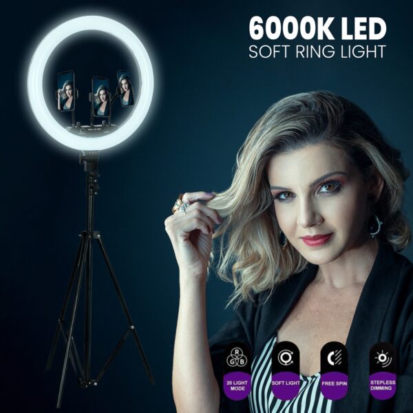 GloboStar® 75805 Professional Digital Ring Light Φ46cm LED SMD 70W 7000lm 180° AC 230V με Καλώδιο Τροφοδοσίας Πρίζας – Ασύρματο Χειριστήριο RF 2.4Ghz Εναλλαγής Χρωμάτων & 3 Βάσεις Τηλεφώνου – Πολύχρωμο RGBW+WW Dimmable
