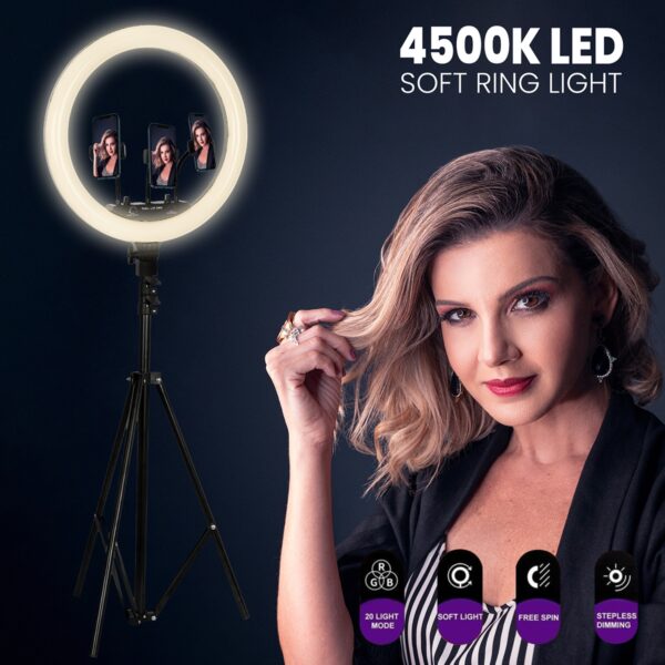 GloboStar® 75805 Professional Digital Ring Light Φ46cm LED SMD 70W 7000lm 180° AC 230V με Καλώδιο Τροφοδοσίας Πρίζας – Ασύρματο Χειριστήριο RF 2.4Ghz Εναλλαγής Χρωμάτων & 3 Βάσεις Τηλεφώνου – Πολύχρωμο RGBW+WW Dimmable