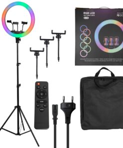 GloboStar® 75805 Professional Digital Ring Light Φ46cm LED SMD 70W 7000lm 180° AC 230V με Καλώδιο Τροφοδοσίας Πρίζας – Ασύρματο Χειριστήριο RF 2.4Ghz Εναλλαγής Χρωμάτων & 3 Βάσεις Τηλεφώνου – Πολύχρωμο RGBW+WW Dimmable