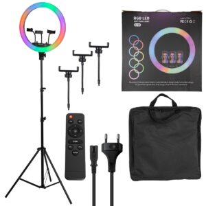 GloboStar® 75805 Professional Digital Ring Light Φ46cm LED SMD 70W 7000lm 180° AC 230V με Καλώδιο Τροφοδοσίας Πρίζας – Ασύρματο Χειριστήριο RF 2.4Ghz Εναλλαγής Χρωμάτων & 3 Βάσεις Τηλεφώνου – Πολύχρωμο RGBW+WW Dimmable