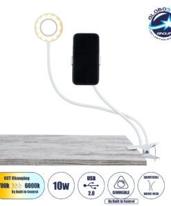 GloboStar® 75808 Professional Digital Ring Light Φ9cm LED SMD 10W 1000lm 180° DC 5V με Καλώδιο Τροφοδοσίας USB – Ενσωματωμένο Χειριστήριο Εναλλαγής Χρωμάτων & 1 Βάση Τηλεφώνου – CCT Θερμό Λευκό 3000K – Φυσικό Λευκό 4500K – Ψυχρό Λευκό 6000K Dimmable Λευκό