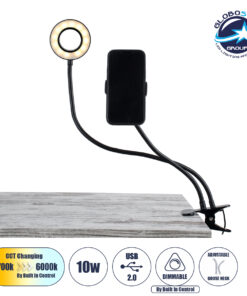 GloboStar® 75809 Professional Digital Ring Light Φ9cm LED SMD 10W 1000lm 180° DC 5V με Καλώδιο Τροφοδοσίας USB – Ενσωματωμένο Χειριστήριο Εναλλαγής Χρωμάτων & 1 Βάση Τηλεφώνου – CCT Θερμό Λευκό 3000K – Φυσικό Λευκό 4500K – Ψυχρό Λευκό 6000K Dimmable Μαύρο